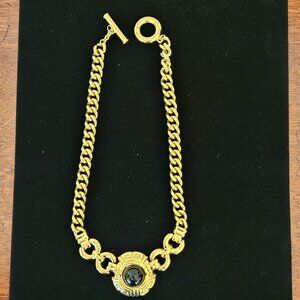VINTAGE signed GIVENCHY 1980's Greek Key Black Cabochon Chain Necklace 15"